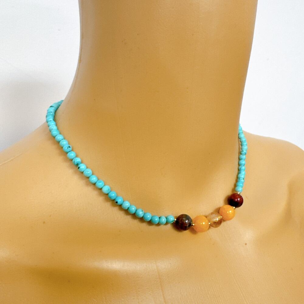 Turquoise Choker Necklace with Multi‑Stones & Gold‑Tone Extension Chain